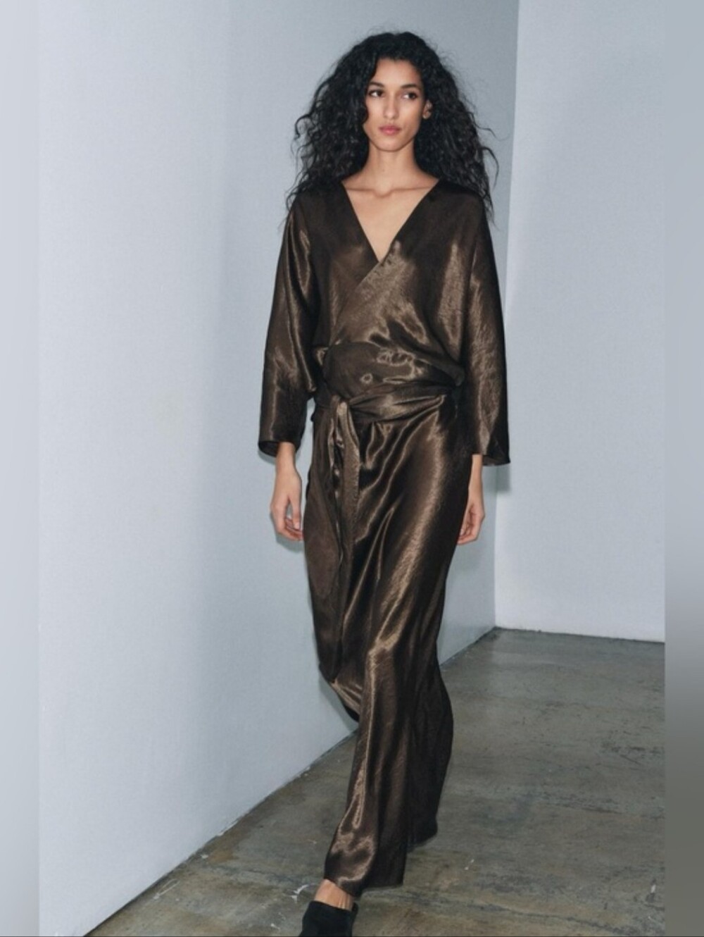 Zara NWT satin effect maxi dress brown Size L - Picture 4 of 15